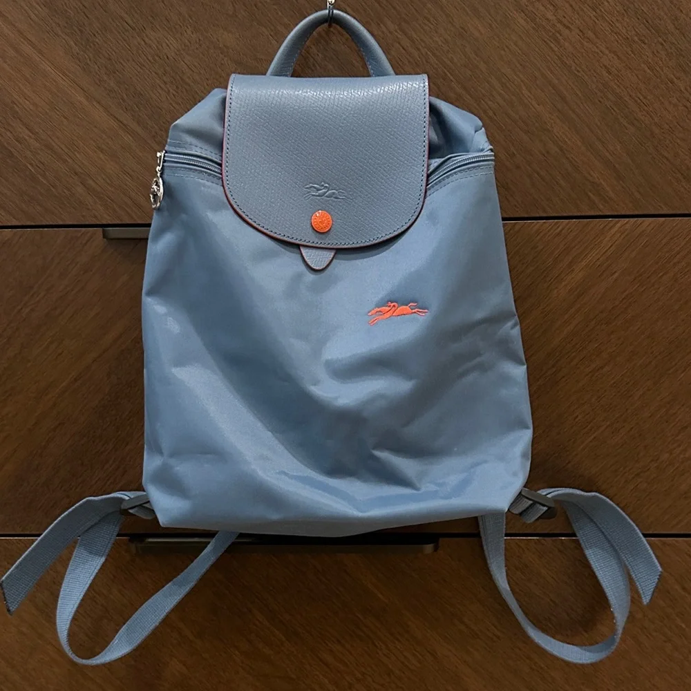 Longchamp Blue Backpack with Orange Accents